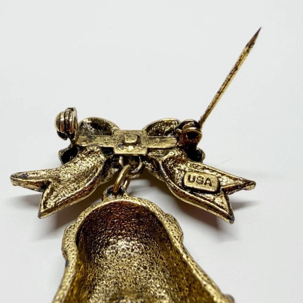 Vintage Enamel Rhinestone Bow Bell Brooch USA